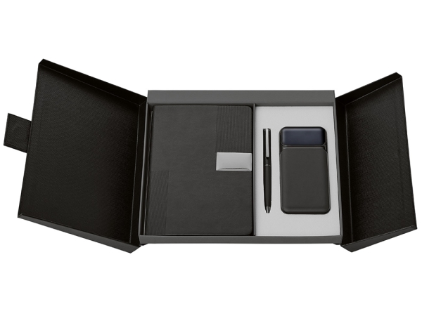 Подарочный набор "Tesla" с блокнотом А5, ручкой и пауэрбенком на 10 000 mAh, черный