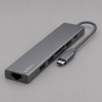 USB Type-C хаб 7-в-1, HDMI, Power Delivery, 2xUSB 3.0, RJ45, microSD/SD, графит, Deppa