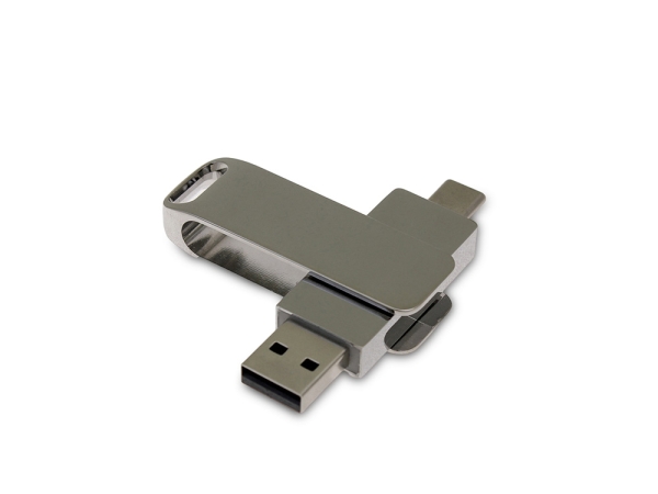 USB 3.0- флешка на 32 Гб поворотный механизм 2 в 1, c дополнительным разъемом Type-C с одноцветным металлическим клипом, серебристый