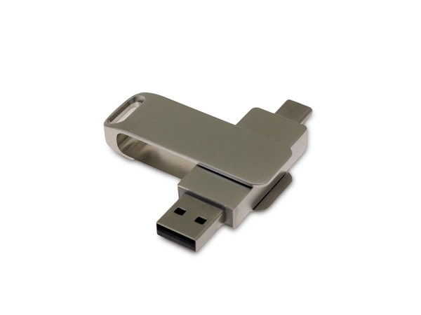USB 3.0- флешка на 64 Гб поворотный механизм 2 в 1, c дополнительным разъемом Type-C с одноцветным металлическим клипом, серый