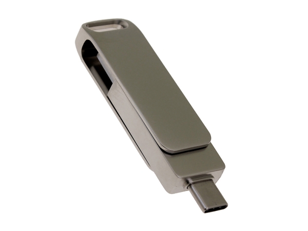 USB 3.0- флешка на 128 Гб поворотный механизм 2 в 1, c дополнительным разъемом Type-C с одноцветным металлическим клипом, серый