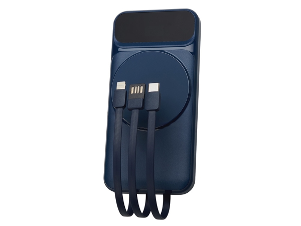 Магнитный беспроводной внешний аккумулятор со встроенными кабелями «Мэни»,быстаря зарядка, 10000 мАч, тёмно-синий