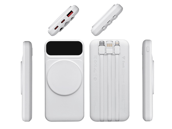 Магнитный беспроводной внешний аккумулятор со встроенными кабелями «Мэни»,быстаря зарядка, 10000 мАч, белый