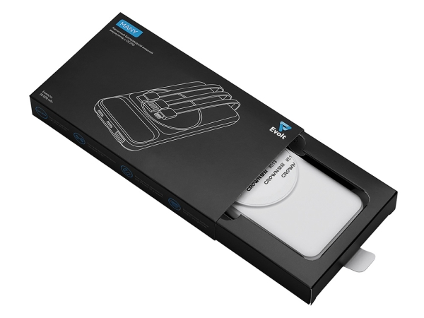 Магнитный беспроводной внешний аккумулятор со встроенными кабелями «Мэни»,быстаря зарядка, 10000 мАч, белый