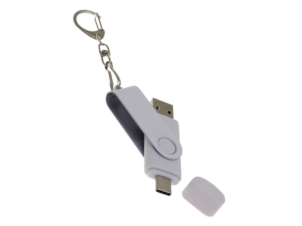 USB-флешка на 8 Гб 2 в 1 поворотный механизм, c дополнительным разъемом Type-C с одноцветным металлическим клипом, белый