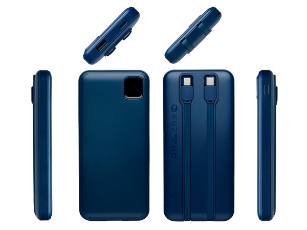 Внешний аккумулятор со встроенными кабелями «Фрэйм», 10000мач, темно-синий