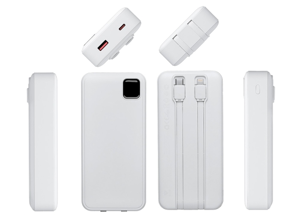 Внешний аккумулятор со встроенными кабелями «Фрэйм Про», быстрая зарядка, 20000мач, белый