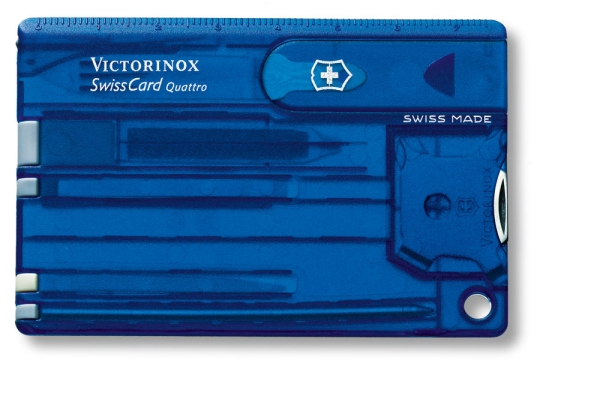 Швейцарская карточка VICTORINOX SwissCard Quattro, 14 функций, полупрозрачная синяя