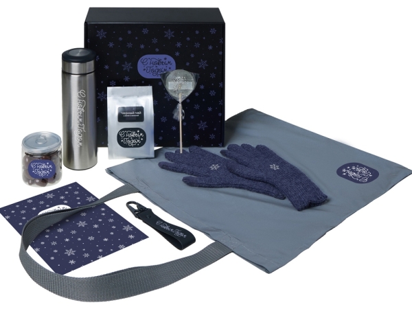Подарочный набор с перчатками, термосом и чаем, темно-синий