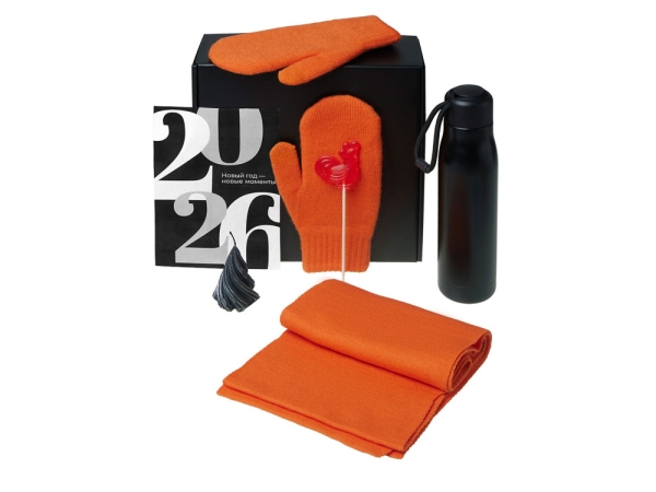 Подарочный набор с варежками, шарфом и термосом, оранжевый