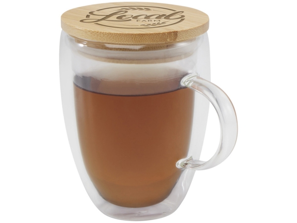 Стеклянная кружка Leona объемом 350 мл с бамбуковой крышкой - прозрачный