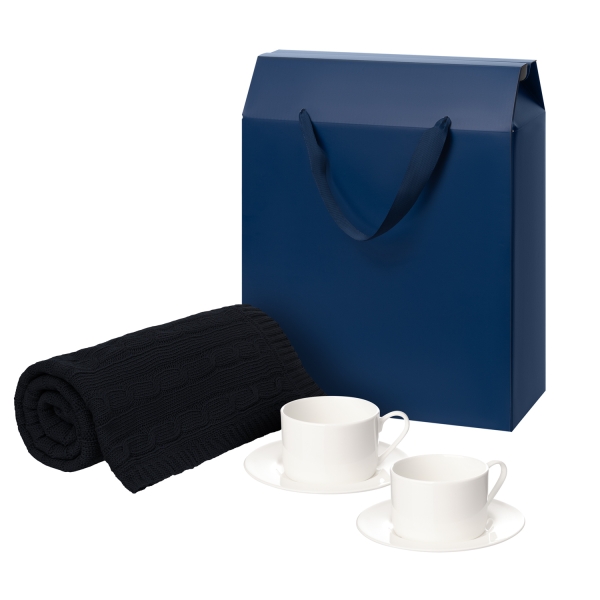 Подарочный набор Mokko, Fado, темно-синий в коробке-пакете (две чайных пары, плед)