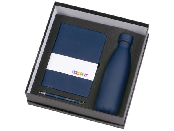 Подарочный набор с блокнотом С1, металлической ручкой и термобутылкой, темно-синий