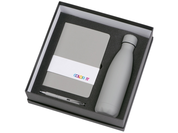 Подарочный набор с блокнотом С2, металлической ручкой и термобутылкой, серый