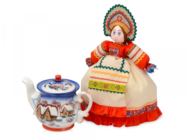 Набор Зимняя сказка: кукла на чайник, чайник заварной с росписью