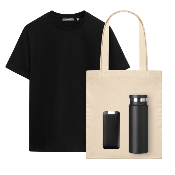 Набор с одеждой KRIS (футболка, аккумулятор, термобутылка, шоппер), черный, L