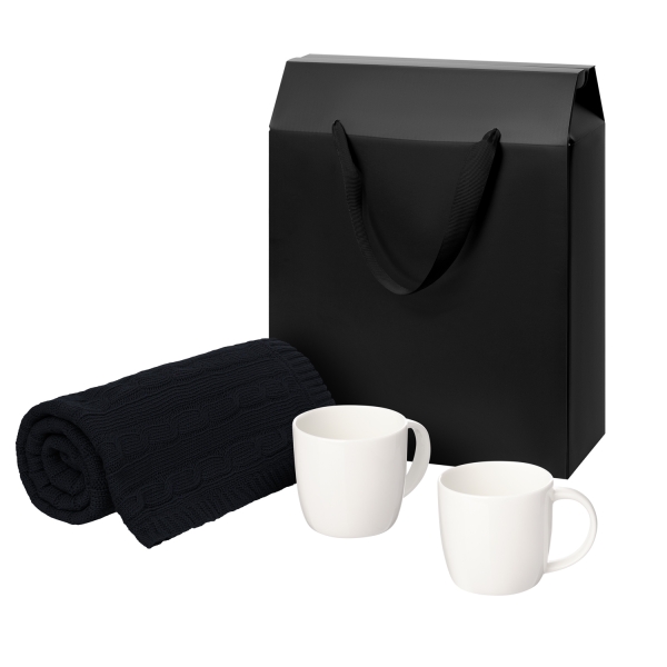 Подарочный набор Dafna, Fado, темно-сиий в черной коробке-пакете (две фарфоровых кружки, плед)