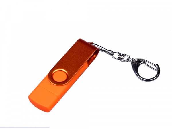 USB-флешка на 32 Гб 3 в 1 поворотный механизм, c двумя дополнительными разъемами MicroUSB и TypeC C с одноцветным металлическим клипом, оранжевый