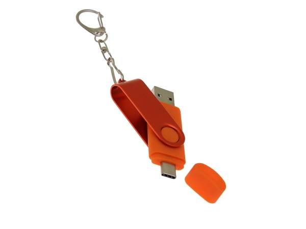 USB-флешка на 128 Гб 2 в 1 поворотный механизм, c дополнительным разъемом Type-C с одноцветным металлическим клипом, оранжевый