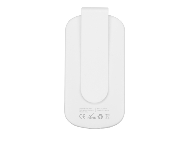 Портативное зарядное устройство "Pin" на 4000 mAh с большой площадью нанесения и клипом для крепления к одежде или сумке, белый