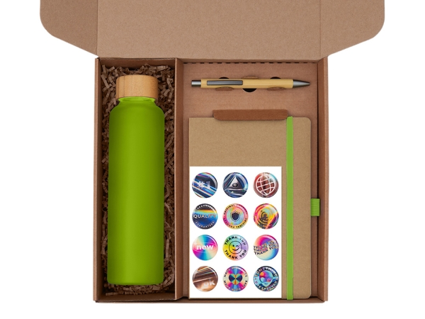 Подарочный набор с бутылкой для воды. блокнотом, ручкой и подставкой для телефона, зеленое яблоко