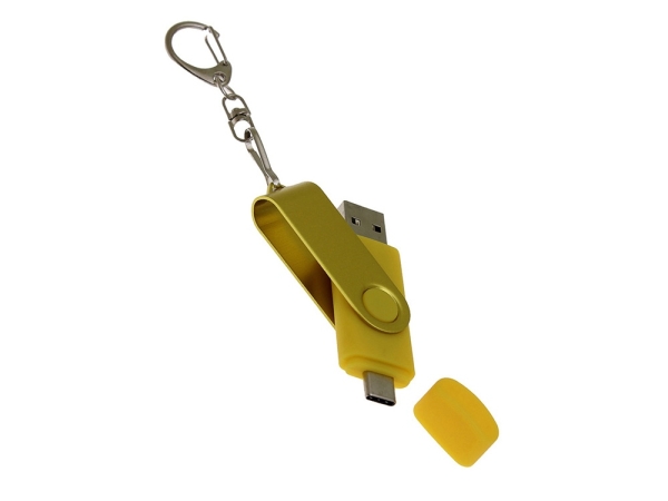 USB-флешка на 16 Гб 2 в 1 поворотный механизм, c дополнительным разъемом Type-C с одноцветным металлическим клипом, желтый