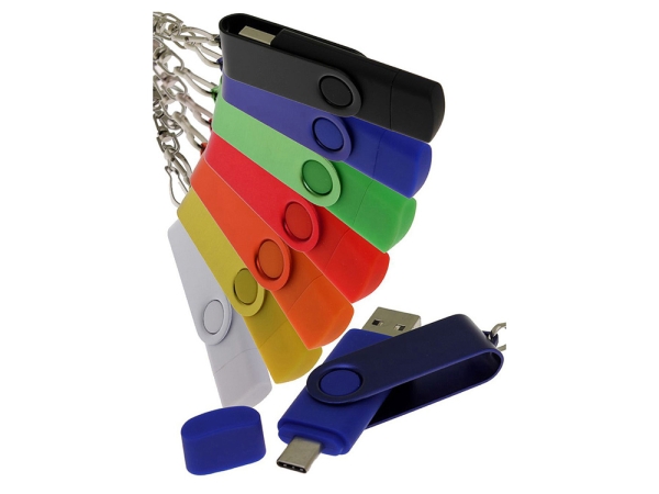 USB-флешка на 16 Гб 2 в 1 поворотный механизм, c дополнительным разъемом Type-C с одноцветным металлическим клипом, желтый