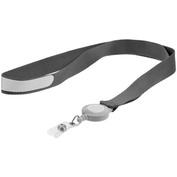 Лента для бейджа с ретрактором Devon, серая с белым