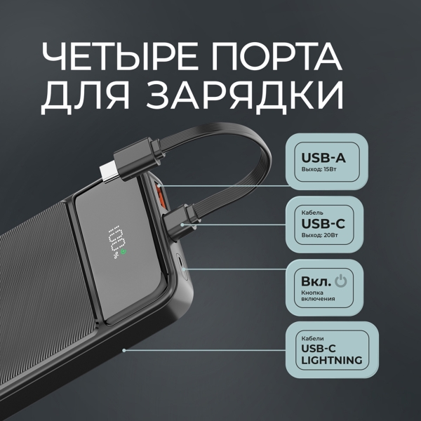 Внешний АКБ NRG Turbo V4c 10000 мА-ч, дисплей, черный, Deppa