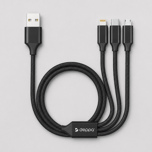 Дата-кабель 3 в 1: micro USB, USB-C, Ligthning, алюминий, 1.2м, черный, Deppa