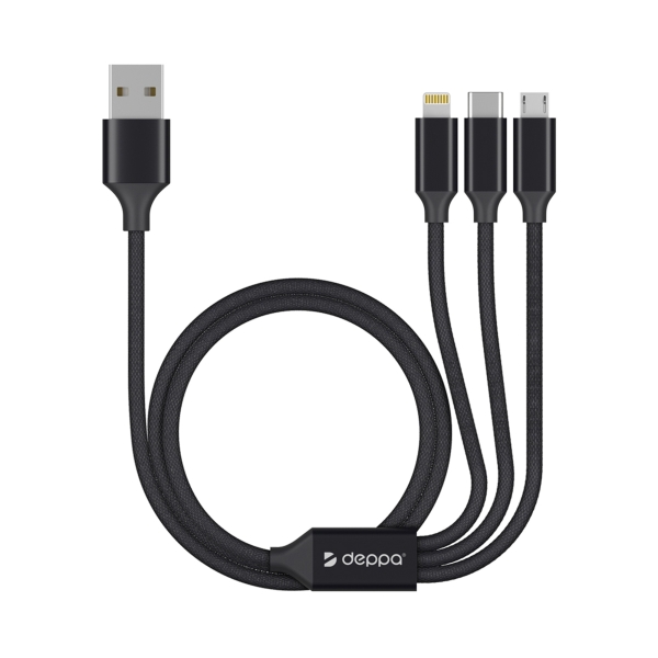 Дата-кабель 3 в 1: micro USB, USB-C, Ligthning, алюминий, 1.2м, черный, Deppa