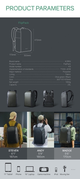 Рюкзак KORIN FlipPack 47х30х17 см, зеленый/черный