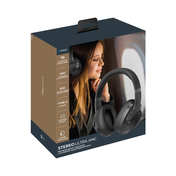 Беспроводные накладные наушники Stereo Ultra ANC, BT 5.4, ANC/ENC, 500мАч, черный, Deppa