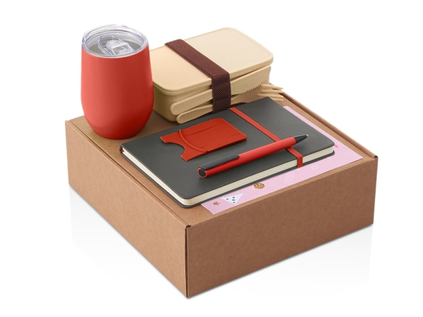 Набор с термокружкой, блокнотом, ручкой и ланчбоксом "Refreshment", красный