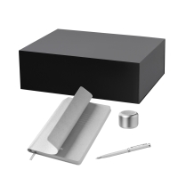 Подарочный набор Passion, Molto, серебряный (колонка, ежедневник, ручка) Подарочный набор Passion, Molto, серебряный (колонка, ежедневник, ручка)