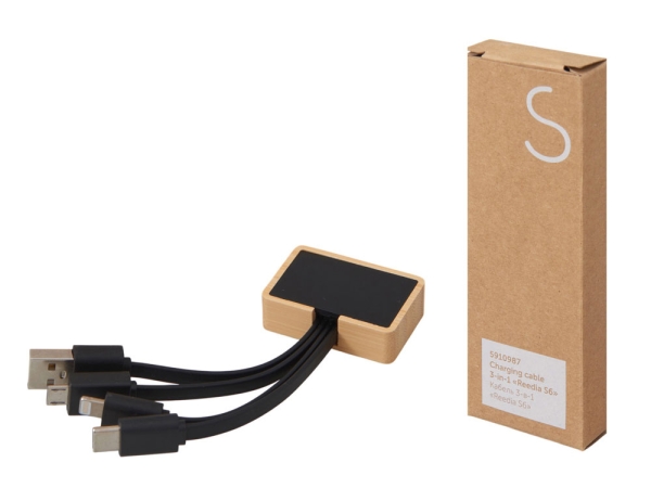 Кабель 3-в-1 с подсветкой лого «Reedia S6», бамбук, черный