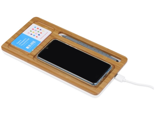 Беспроводное зарядное устройство-органайзер из бамбука "Timber", темно-натуральный/белый