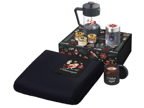 Подарочный набор c пледом, френчпрессом, чаем и медом, черный