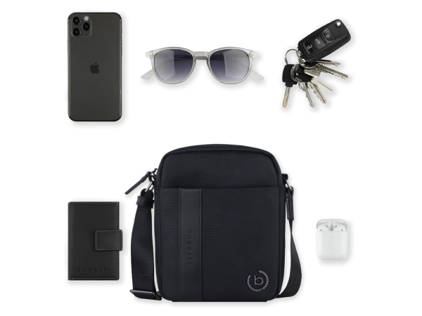 Сумка наплечная мужская BUGATTI Nero, чёрная, нейлон 1680D/кожа, 17х5х21 см