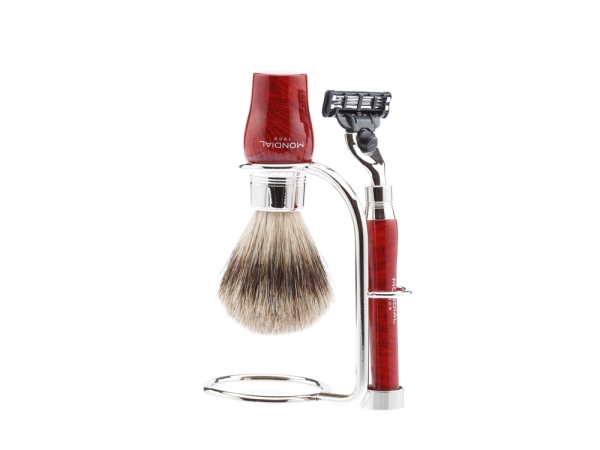 Бритвенный набор Mondial: станок MACH3, помазок, подставка; корень шиповника