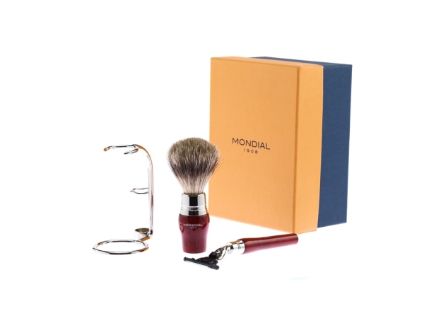 Бритвенный набор Mondial: станок MACH3, помазок, подставка; корень шиповника