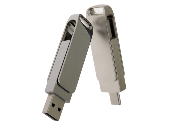 USB 2.0- флешка на 64 Гб поворотный механизм 2 в 1, c дополнительным разъемом Type-C с одноцветным металлическим клипом, серебристый