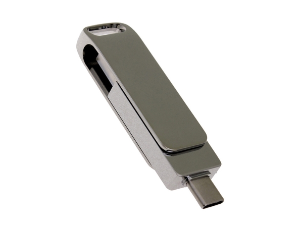 USB 2.0- флешка на 128 Гб поворотный механизм 2 в 1, c дополнительным разъемом Type-C с одноцветным металлическим клипом, серебристый