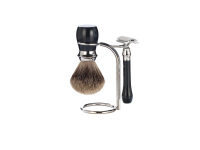 Бритвенный набор Mondial: классический станок, помазок, подставка; чёрная смола Бритвенный набор Mondial: классический станок, помазок, подставка; чёрная смола