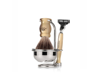 Бритвенный набор Mondial: станок, помазок, чаша, подставка; светлый и серый перламутр Бритвенный набор Mondial: станок, помазок, чаша, подставка; светлый и серый перламутр